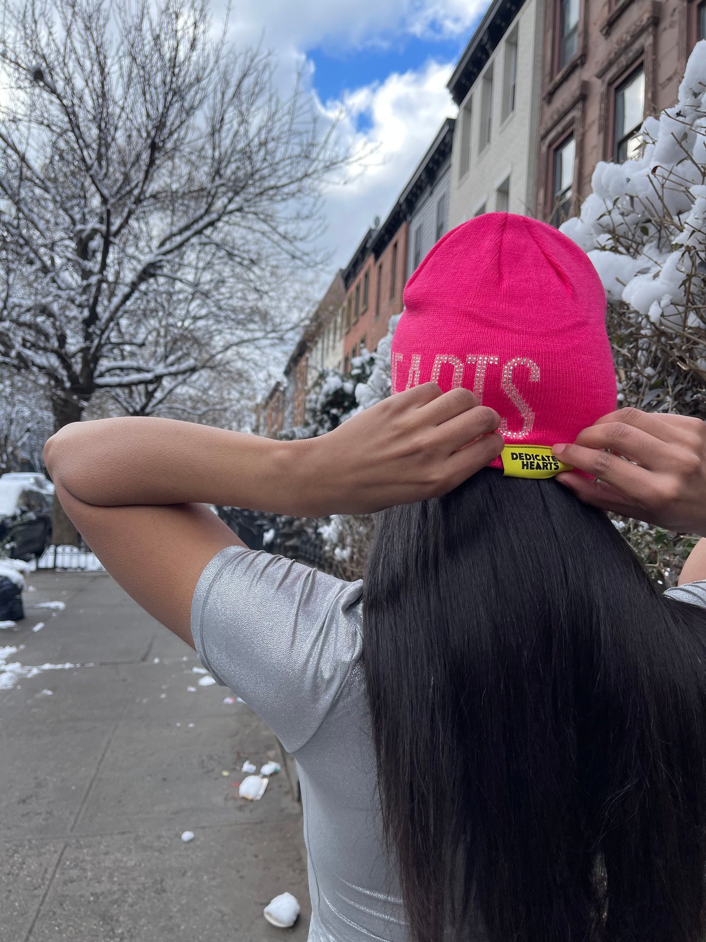 Hot Pink Swarovski Crystal DEDICATED HEARTS Unisex Beanie