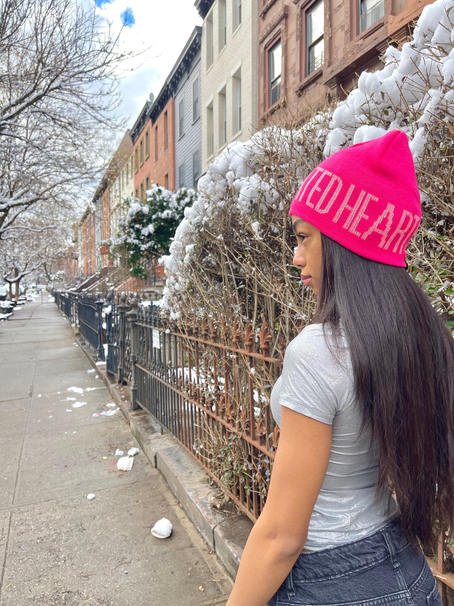 Hot Pink Swarovski Crystal DEDICATED HEARTS Unisex Beanie